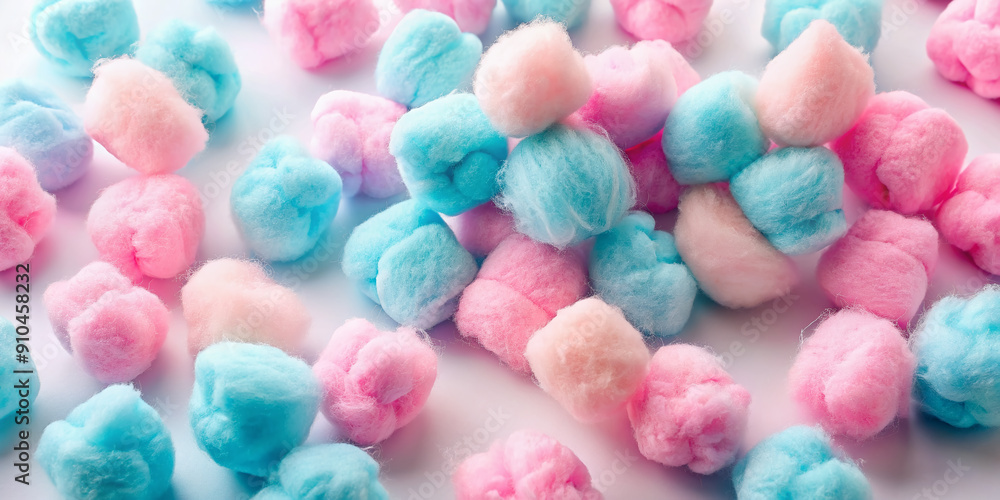 Vibrant pink and blue cotton candy clumps scattered on a clean white background, featuring soft, fluffy textures and pastel colors in a playful arrangement. Vibrant pink and blue cotton candy clumps scattered on a clean white background, featuring soft, fluffy textures and pastel colors in a playful arrangement.