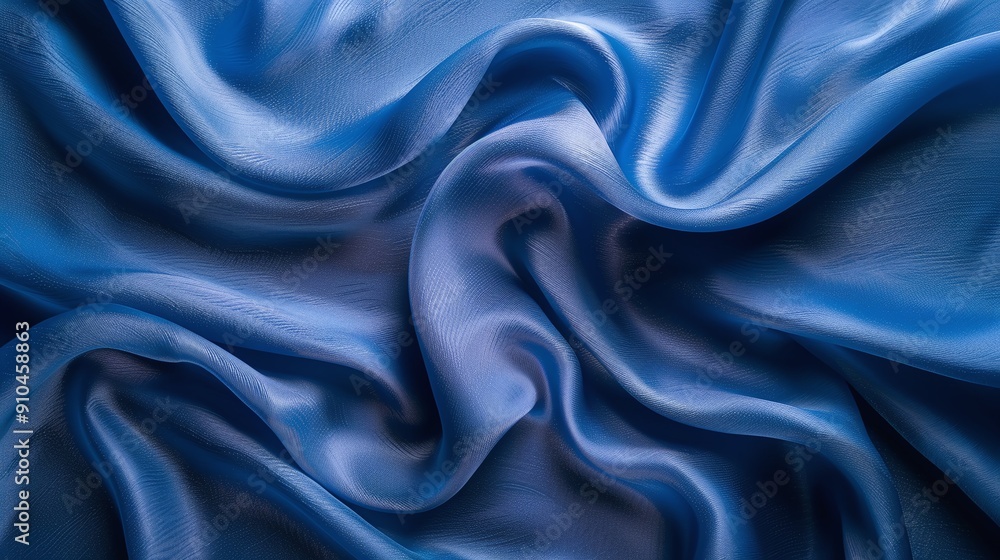 Obraz premium Close-up of luxurious blue silk fabric with elegant folds and drapery, perfect for backgrounds in fashion design, textile projects, and interior decor. Ideal for creating a rich and serene aesthetic.