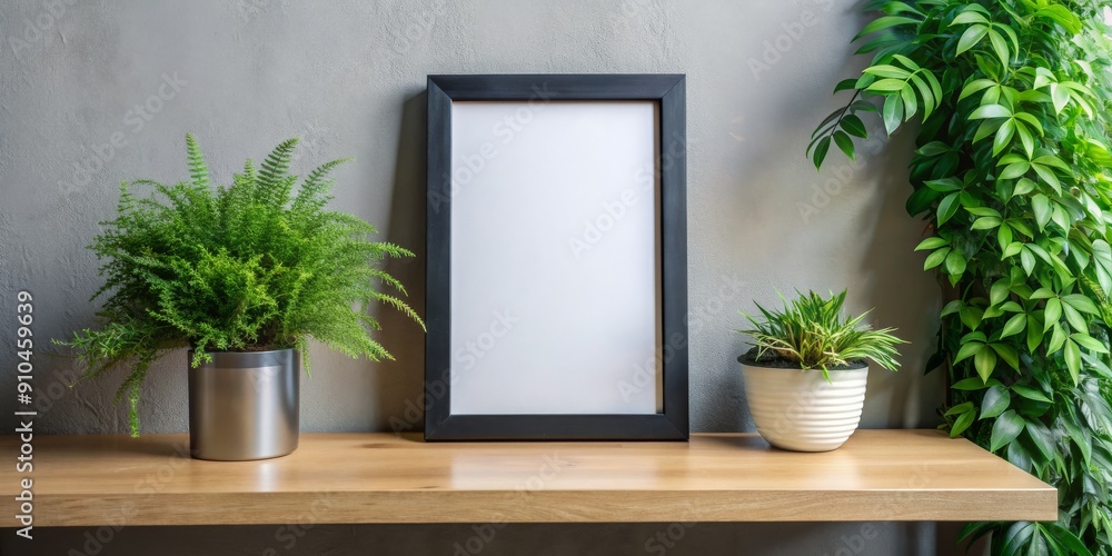 Empty Picture Frame on a Wooden Shelf with Plants, Mockup , Interior , Minimalism , Home Decor Empty Picture Frame on a Wooden Shelf with Plants, Mockup , Interior , Minimalism , Home Decor
