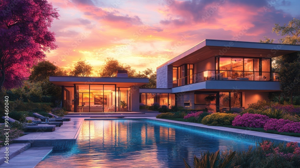 A detailed illustration of a luxurious modern home with a pool, surrounded by lush gardens, set against a vibrant sunset sky.
A detailed illustration of a luxurious modern home with a pool, surrounded by lush gardens, set against a vibrant sunset sky.