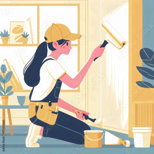 Woman is painting the wall in the room, renovation concept, illustration  photo