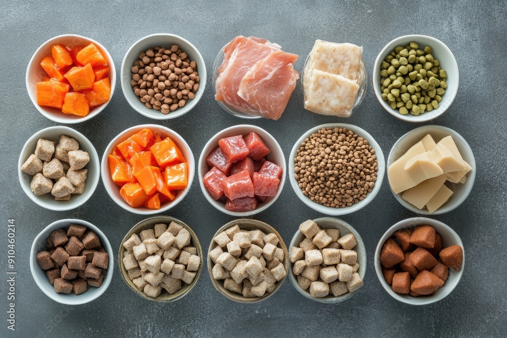 Veterinarian preparing balanced diet for domestic animals in bowls Veterinarian preparing balanced diet for domestic animals in bowls