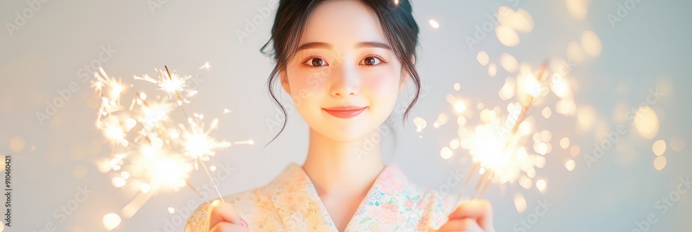Fototapeta premium 両手に花火を持って微笑んでいる和服の女性