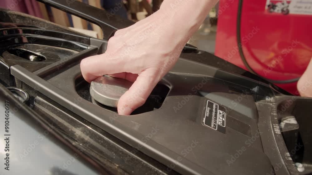 Man opens fuel tank cap of motorbike at gas station close-up. Man opens fuel tank cap of motorbike at gas station close-up.