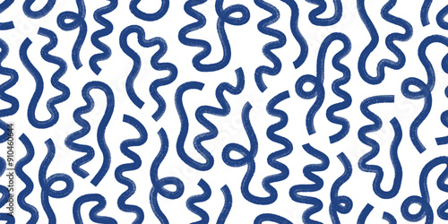 Blue ink brush bold lines vector seamless pattern. Hand drawn thick wavy geometric strokes, elements