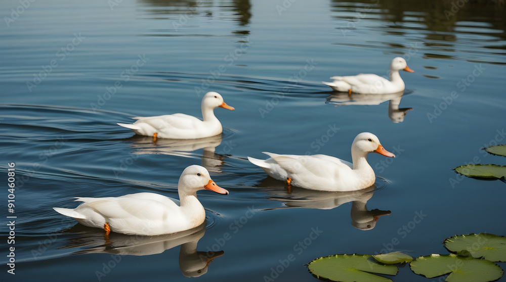 Fototapeta premium White ducks swimming gracefully on a calm lake.