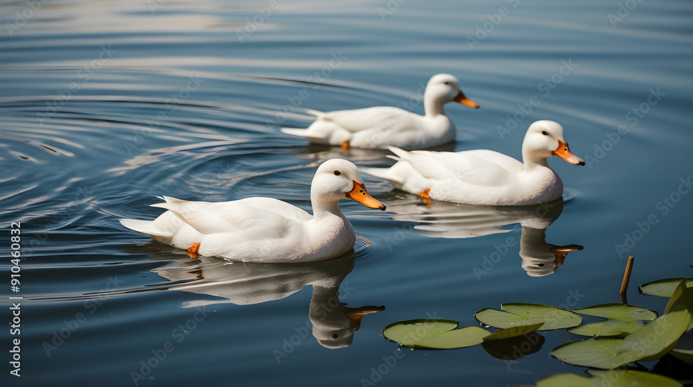 White ducks swimming gracefully on a calm lake. White ducks swimming gracefully on a calm lake.