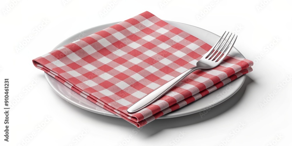 Checkered Napkin on White Plate with Silver Fork, 3D Rendering, Table Setting, Restaurant, Dinner , napkin, plate Checkered Napkin on White Plate with Silver Fork, 3D Rendering, Table Setting, Restaurant, Dinner , napkin, plate