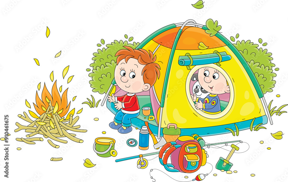 Naklejka premium Cheerful little kids tourists with a merry pup resting in their camp tent by a campfire, vector cartoon illustration