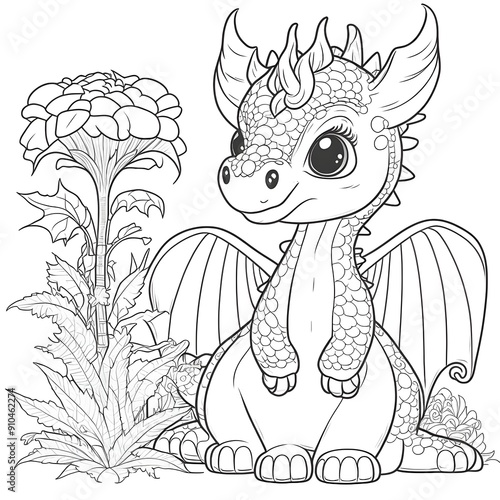 COLORING DRAWING FOR SCHOOL OF A CUTE DRAGON photo