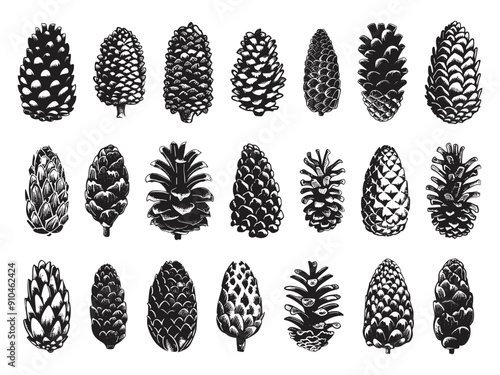 Different Fir Cones Linocut Print Style Icons Set Neat Thick Strokes and Shapes Black on White Background Pine Cones Coniferous Trees Botanical Illustrations Nature Elements