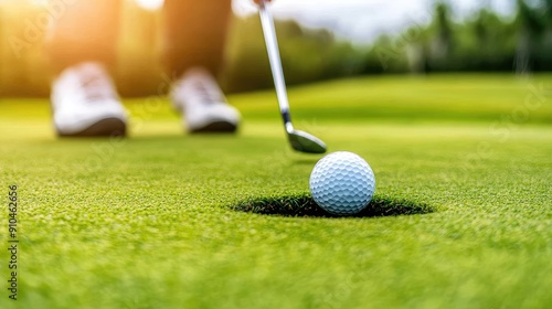 A golfer lines up a putt on a vibrant green lawn as the sun sets, creating a serene and focused atmosphere in a beautiful outdoor golfing environment