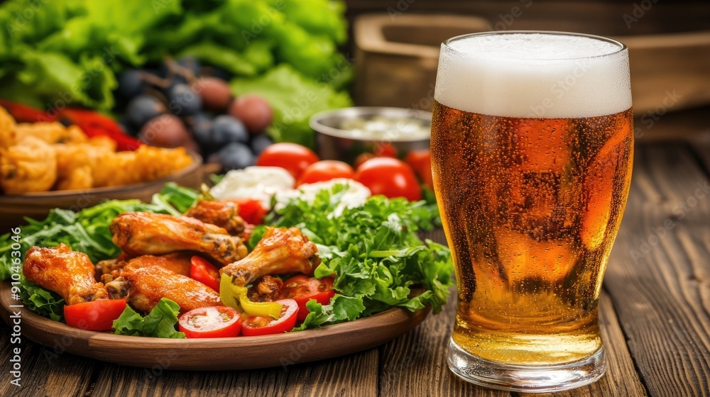 Tender chicken wings accompanied by a tall glass of golden lager, set against a warm, inviting background on a wooden tabletop Tender chicken wings accompanied by a tall glass of golden lager, set against a warm, inviting background on a wooden tabletop