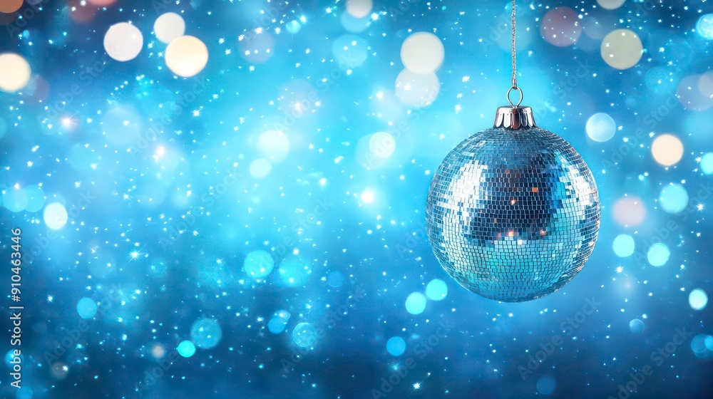 A silver disco ball hangs against a blue background with sparkling lights. A silver disco ball hangs against a blue background with sparkling lights.