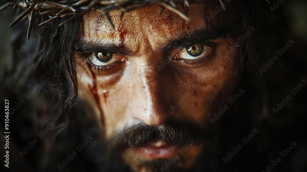 powerful portrait of jesus wearing a crown of thorns eyes filled with compassion and sorrow dramatic chiaroscuro lighting emphasizes the emotional intensity powerful portrait of jesus wearing a crown of thorns eyes filled with compassion and sorrow dramatic chiaroscuro lighting emphasizes the emotional intensity