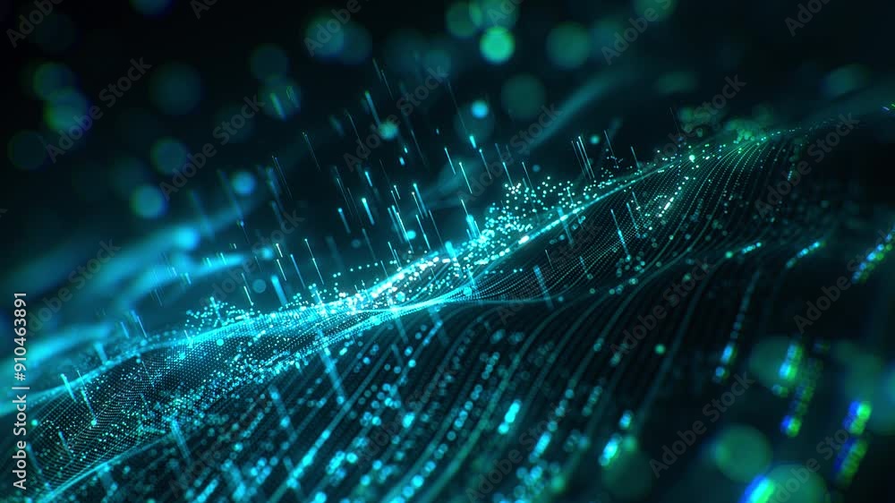 Abstract digital data wave with glowing particles and dynamic lines on a dark background, concept of technology and data visualization. 3d animation