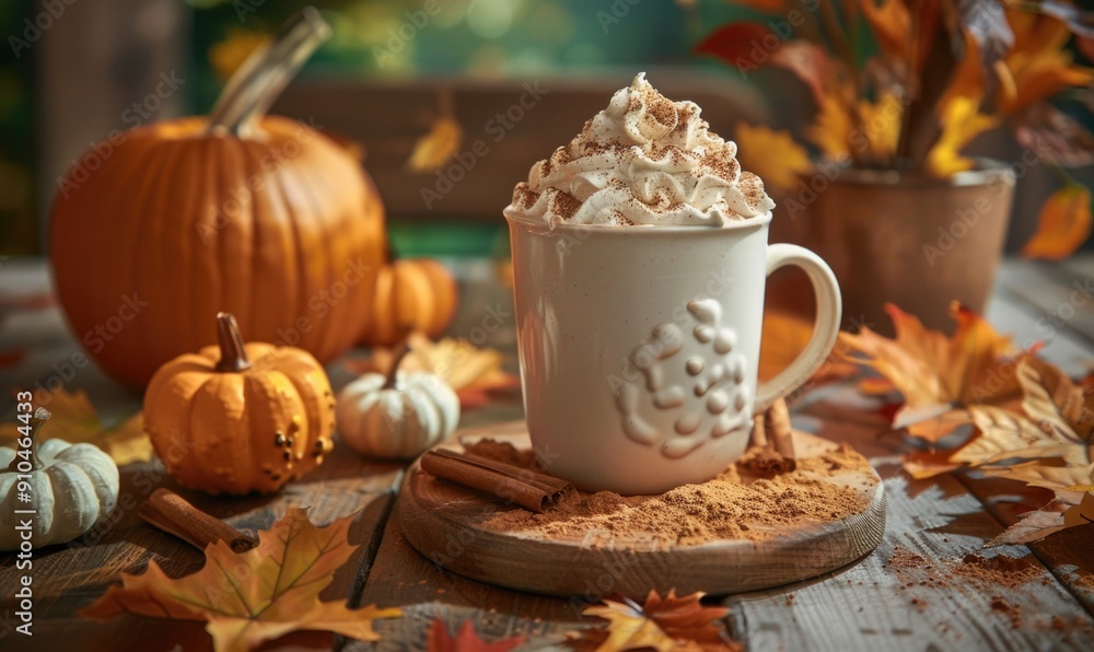 A cappuccino with pumpkin slices and small pumpkins A cappuccino with pumpkin slices and small pumpkins