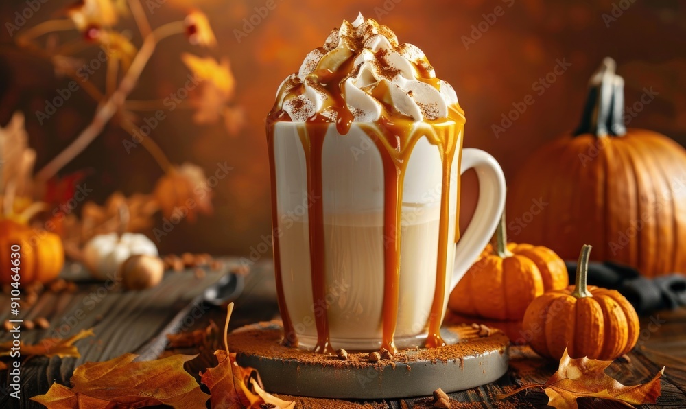 A creamy pumpkin spice latte with a drizzle of caramel A creamy pumpkin spice latte with a drizzle of caramel