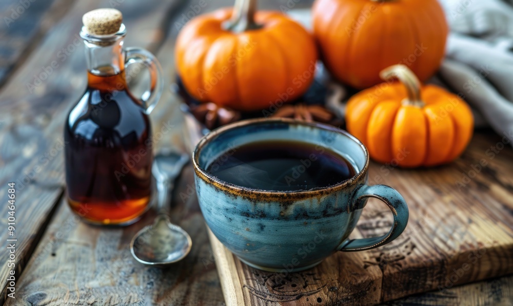 A cup of black coffee with a pumpkin spice syrup bottle and small pumpkins A cup of black coffee with a pumpkin spice syrup bottle and small pumpkins