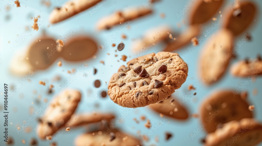 Chocolate chip cookies flying in the air. 3d rendering. Chocolate chip cookies flying in the air. 3d rendering.