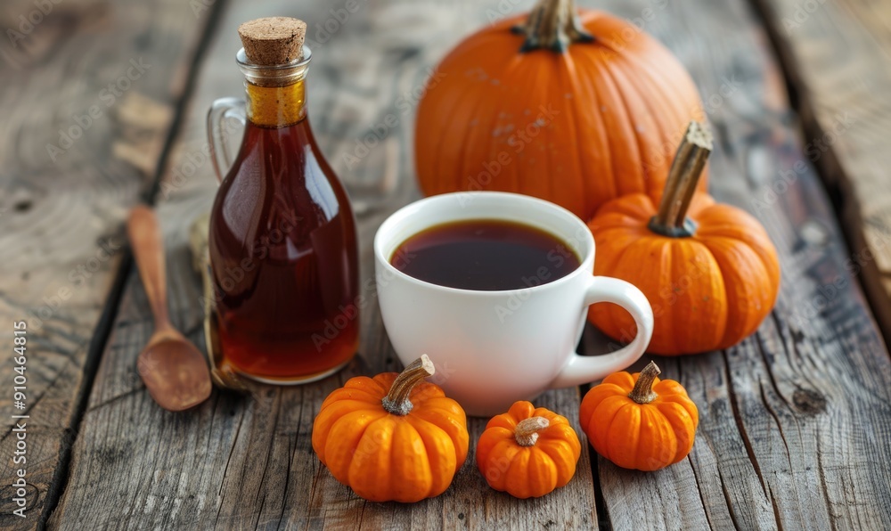 A cup of coffee with small pumpkins and a pumpkin spice syrup bottle A cup of coffee with small pumpkins and a pumpkin spice syrup bottle