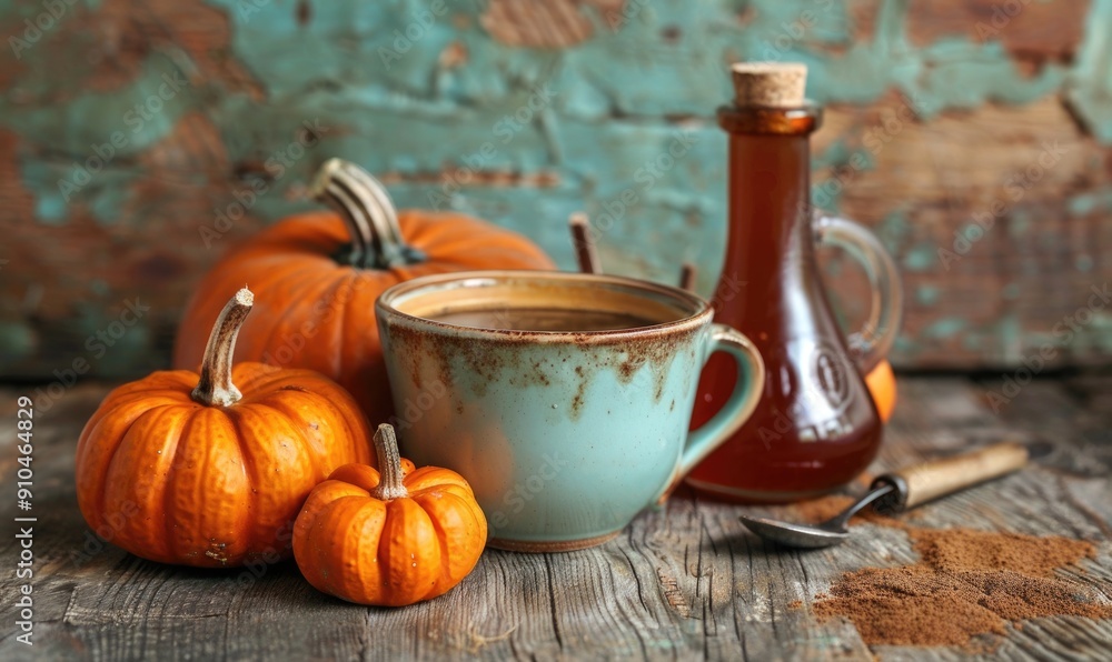 A cup of coffee with small pumpkins and a pumpkin spice syrup bottle A cup of coffee with small pumpkins and a pumpkin spice syrup bottle