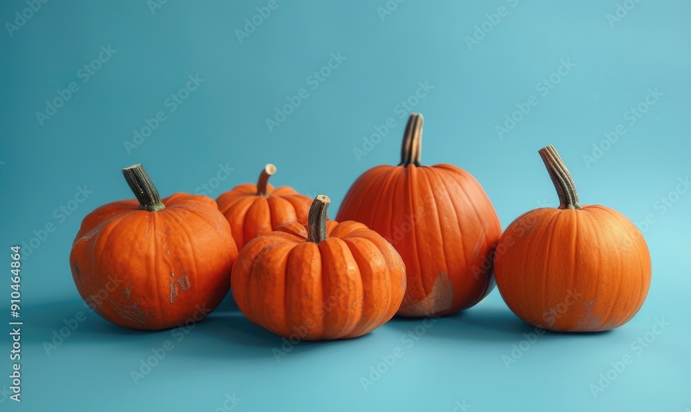 A group of pumpkins on a pastel blue background A group of pumpkins on a pastel blue background