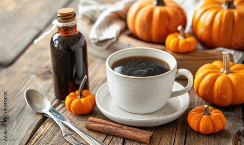 A cup of coffee with small pumpkins and a pumpkin spice syrup bottle