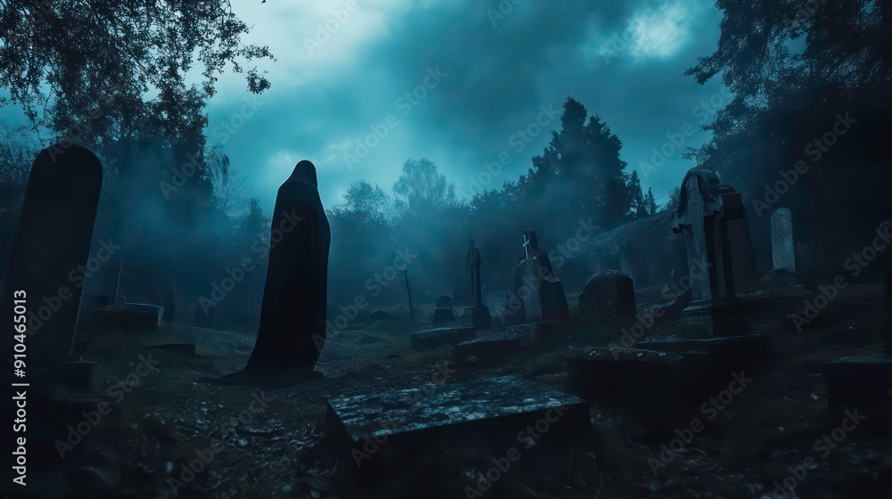 A solitary figure stands in a dark and misty cemetery. A solitary figure stands in a dark and misty cemetery.