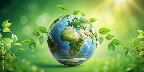 Earth with plants and leaves on a light green background