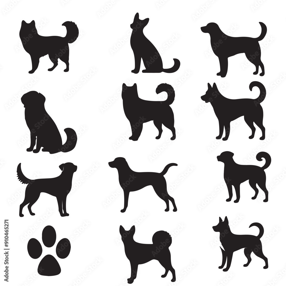 black dog silhouette set with white background black dog silhouette set with white background
