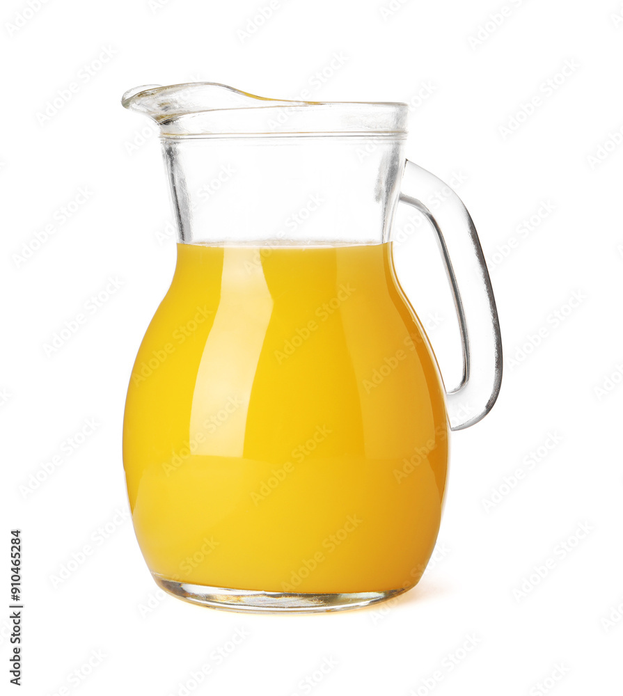 Tasty orange juice in jug isolated on white Tasty orange juice in jug isolated on white