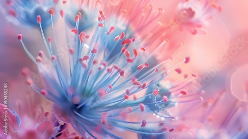 Colorful macro shot of flower stamens with delicate pink and blue hues