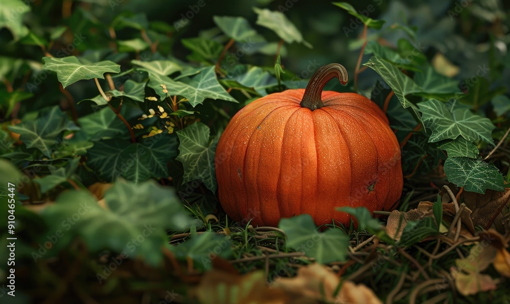 Obraz premium A close-up of a pumpkin vine with a focus on a single large pumpkin