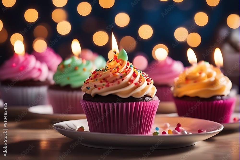 Cupcake Bokeh Lights Row Colorful Candles Cupcake Bokeh Lights Row Colorful Candles