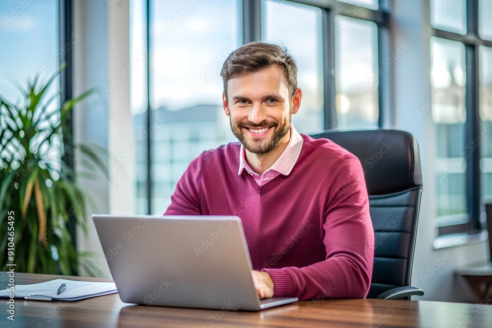 IT guy , looking natural, is seating in front of the black color laptop in the office. He is wearing a dark pink longsleeve. IT guy , looking natural, is seating in front of the black color laptop in the office. He is wearing a dark pink longsleeve.
