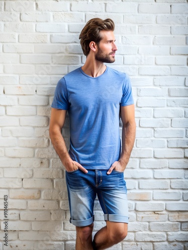 A guy in a blue straight T-shirt and denim shorts stands and looks to the left against the background of a light brick wall