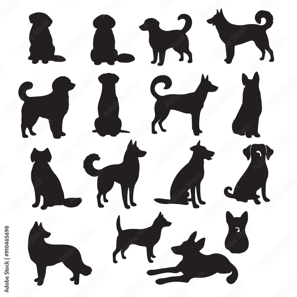 black dog silhouette set with white background black dog silhouette set with white background