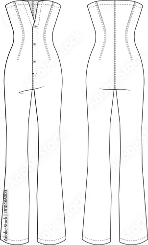 sleeveless strapless buttoned low cut cutout fit body con wide leg flared longjumpsuit romper denim jean template technical drawing flat sketch cad mockup fashion woman design style model
