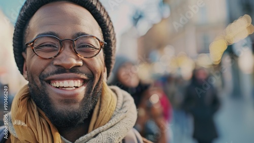 A photographer capturing a series of portraits of people smiling,