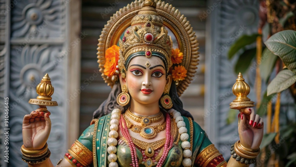 The image shows a stunning statue of Goddess Parvati, adorned with elaborate jewelry and a decorated crown, holding golden objects in both hands, with a detailed backdrop and vibrant flowers in her ha The image shows a stunning statue of Goddess Parvati, adorned with elaborate jewelry and a decorated crown, holding golden objects in both hands, with a detailed backdrop and vibrant flowers in her ha