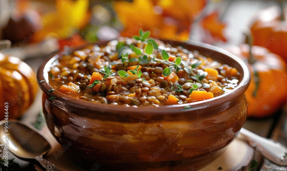A pumpkin and lentil stew with fresh herbs A pumpkin and lentil stew with fresh herbs