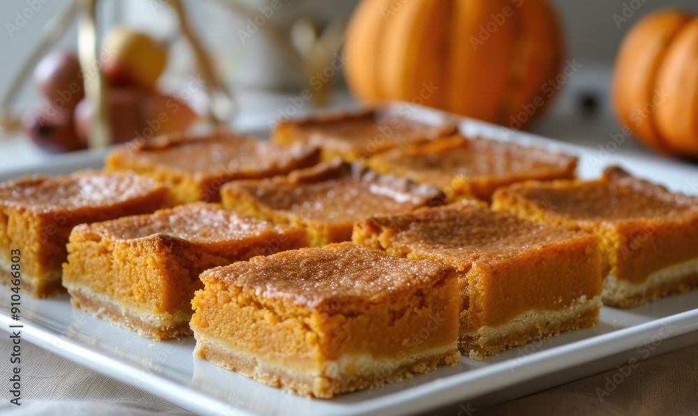 A pumpkin pie bars with a shortbread crust cut into squares and arranged on a platter A pumpkin pie bars with a shortbread crust cut into squares and arranged on a platter