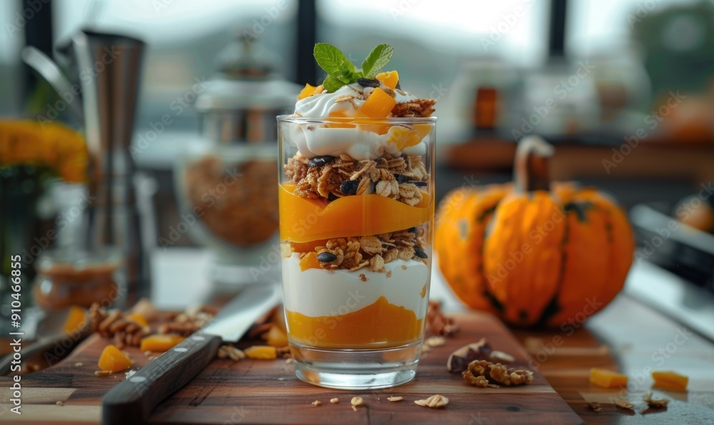 Obraz premium A pumpkin parfait with layers of pumpkin puree, yogurt and granola