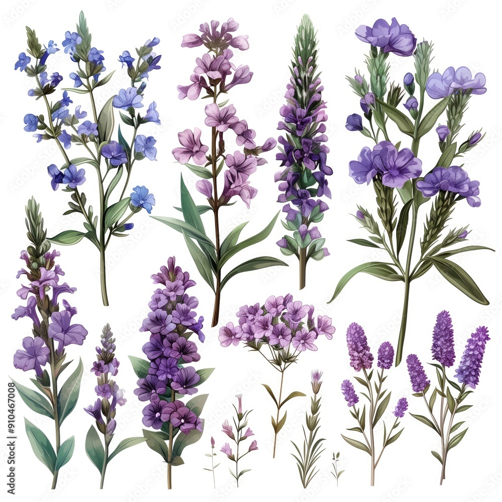 Fototapeta premium Vibrant Flower Artwork Set, Scrapbooking Art Concept, Gardening Brand Logo, Floral Sticker Sheet, Isolated Floral Clipart Design, Natural Beauty Plant Collection, White Background Easy Custom Editing