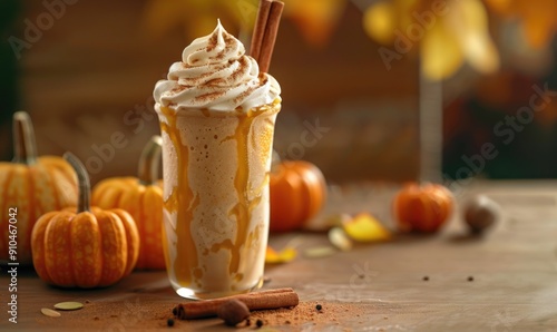 A pumpkin spice macchiato with a drizzle of caramel, surrounded by small pumpkins and fall foliage photo