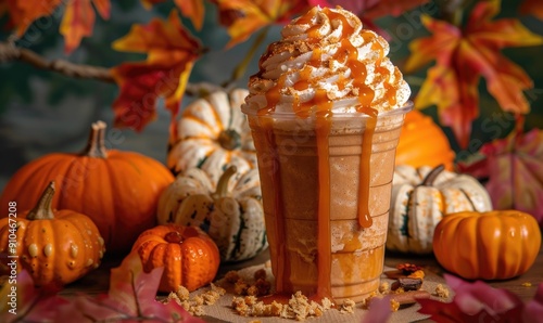 A pumpkin frappuccino with a drizzle of caramel photo