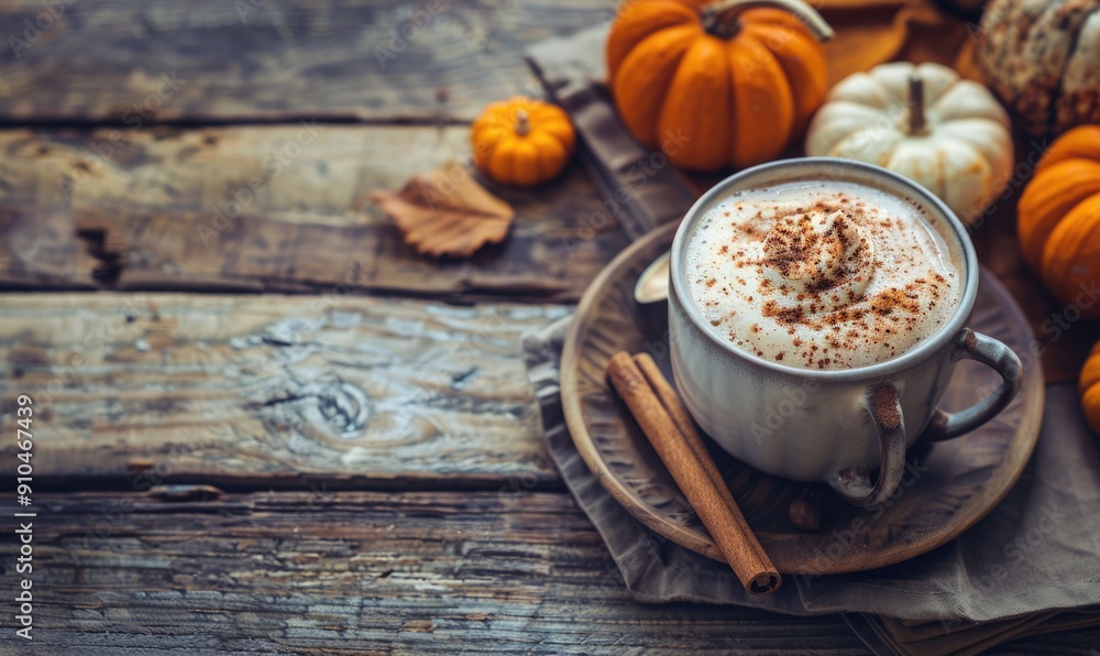 A pumpkin spice latte with a cinnamon stick and small pumpkins A pumpkin spice latte with a cinnamon stick and small pumpkins