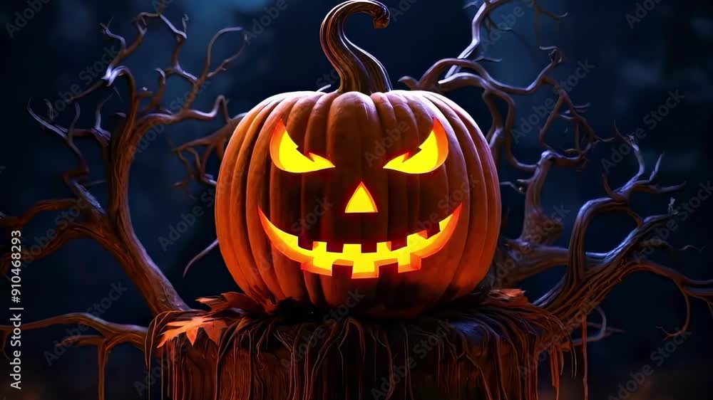 Spooky Carved Pumpkin with Glowing Eyes Amidst Twisted Trees in a Dark Forest