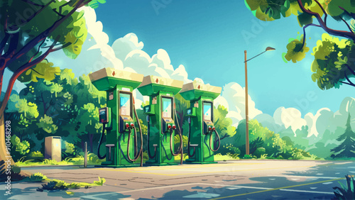 Green Biofuel Station Pump Cartoon Environment for Adventure Mobile Game Illustration Eco Friendly Fuel Station Renewable Energy Biofuel Pump Station Design Game Level Graphics